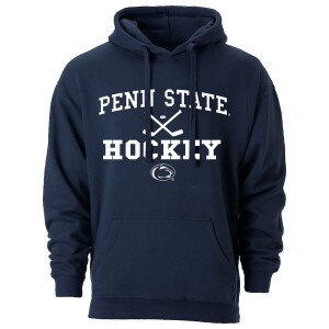 navy hooded sweatshirt with Penn State arched above two hockey sticks, puck, Hockey and Athletic Logo
